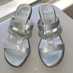 Size 10 Silver Wedge Slides with Rhinestone Embellished Straps